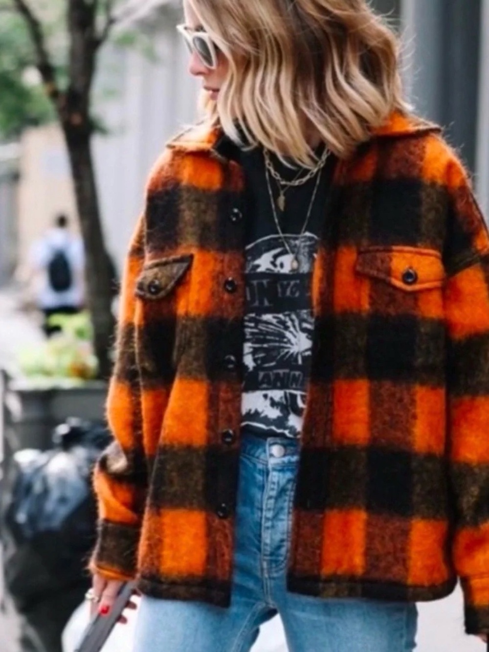 Anine Bing Samone Plaid Trucker Jacket Medium Wool Mohair Alpaca Orange Black